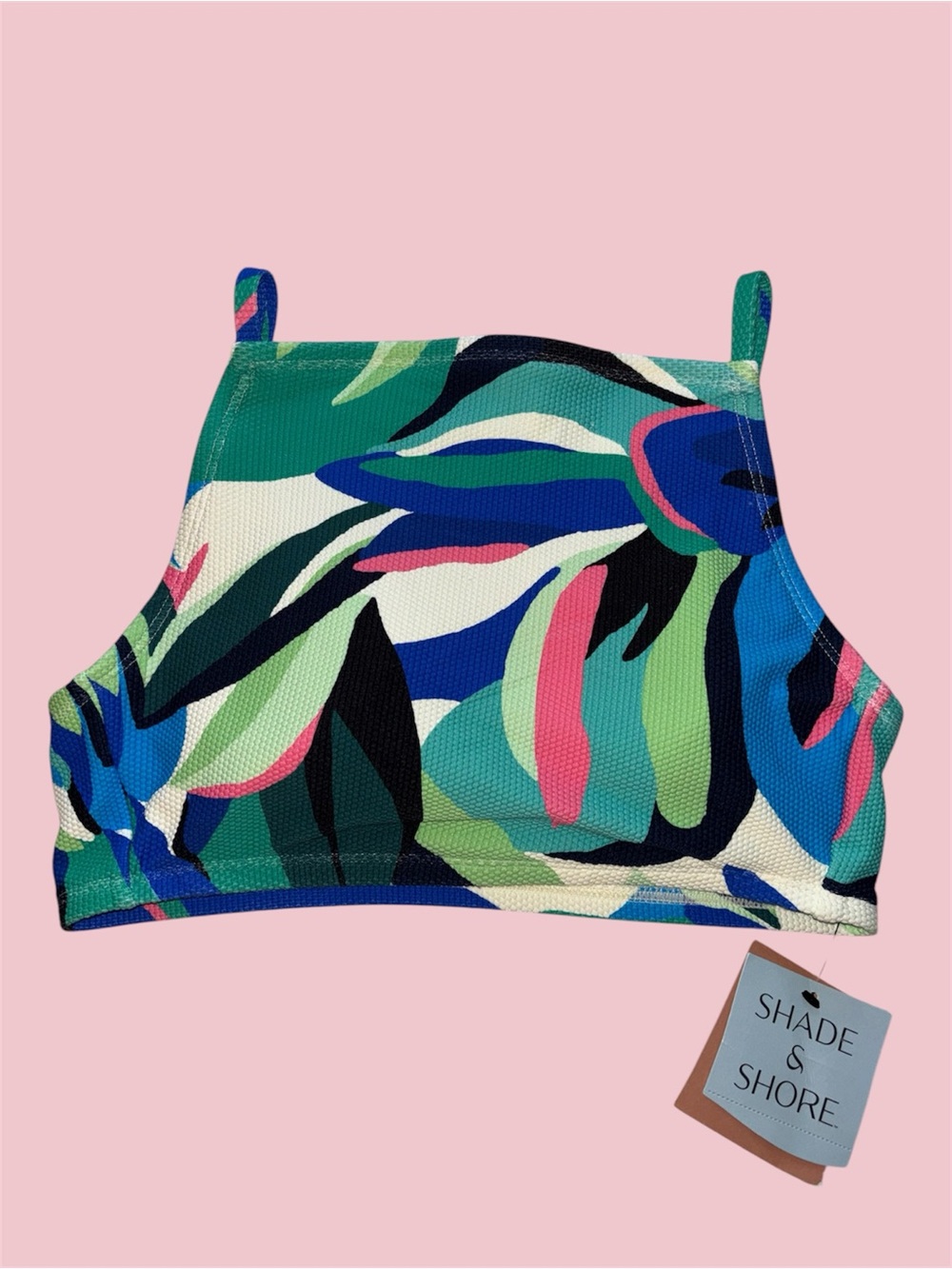 Shade & Shore Blue Green Pink Textured High Neck Bikini Top Adjustable Straps